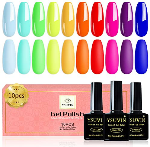 Yueshop Neon Rainbow Gel Nail Polish-10PCS Blue Pink Red Yellow Purple Rainbow Colors Popular Gel Nail Polish Set, Soak Off UV LED Lamp gel nail Varnish Manicure For Women Beauty(10x 8ml)