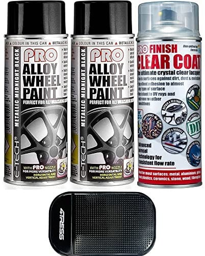 4TRESS E Tech 2 x 400ml PRO Metallic Midnight Black (704) Alloy Wheel Spray Paint 1 x 400ml Pro Series Alloy Wheel and General Lacquer Paint (3 Cans in Total) Non Slip Car Dash Mat