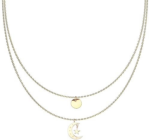 Treuheld® Mehrreihige Halskette mit Mond-Anhänger und Platte | 3 Farben [02.] - Gold
