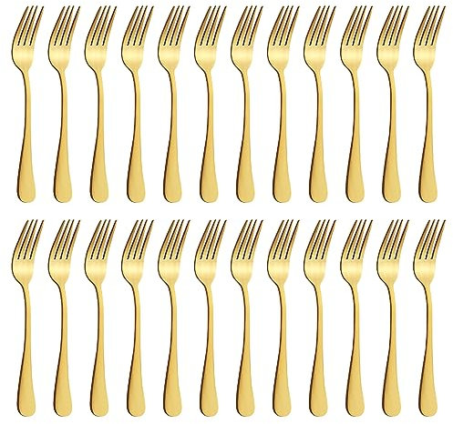 BEWOS Matt Gold Forks Set, 24 Pieces, 8 Inch (20.3 Cm) Table Forks, Mirror Polished, Dishwasher Safe, Suitable for Household, Restaurant, Canteen