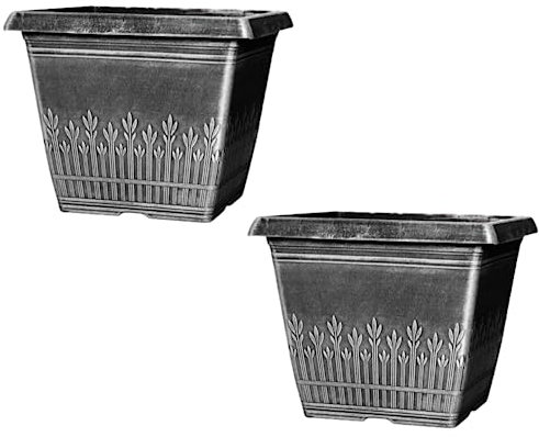 Fyne-Finds Set of 2 Square 26cm, 10inch Garden Plant Pot Brushed Silver Grey Wheat Flower Weatherproof Drainage Hole Planter