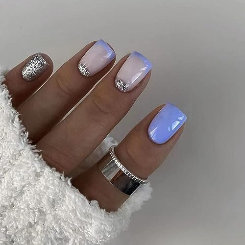24 Stück Nägel Zum Aufkleben Kurz Eckig, Französische Press on Nail Blau Weiß Falsche Nägel, Ballarina Glossy Fake Nails mit Klebepads, Acryl Künstliche Fingernägel für Frauen und Mädchen
