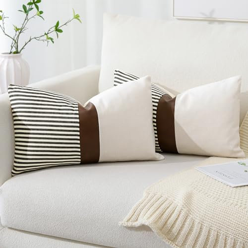 Artscope Lot de 2 Rayures Housses de Coussin Bohème Housses de Coussin en Lin et Marron Faux Cuir Coussins de Canapé Géométriques pour Canapé Chambre Salon 30x50cm Gris