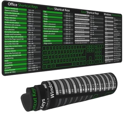 Computer-Tastenkombinationen, Tastenkombinationen, Büro, Powerpoint, Excel, Word, grün, Gaming-Tastatur, Mauspad, Schreibtischunterlage, große verlängerte XL-genähte Kanten, Gummisohle für Heimbüro