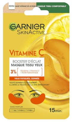 GARNIER Skin Active - Masque Yeux Booster D'Éclat - Illumine Le Contour Des Yeux - Réduit Les Cernes - Enrichi En Vitamine C, Glycérine & Acide Hyaluronique - Vegan & Cruelty Free - Tissu Compostable