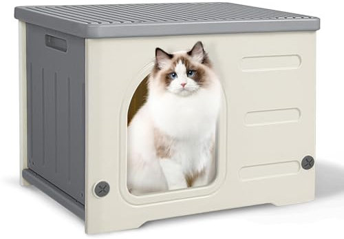 Katzenhaus Outdoor Winterfest, Kunststoff Katzenhaus für Draussen Verwildert Katzenhöhle Outdoor Wasserabweisend für Kleine Mittlere Haustiere Grau
