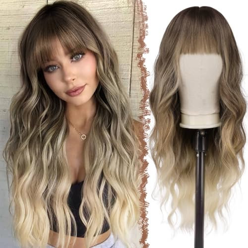 FESHFEN Lange Ombre Perücke mit Pony für Frauen Natürliche Synthetik Gewellt Lockig Wellig Haare Hitzebeständig Damen Perücken für Tägliche Party Cosplay Karneval, Ombre Blond Mix Braun 65 CM