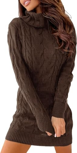Ebifin Strickkleid Damen Rollkragen Strickpullover Elegant Jumper Kleid Pullikleid Winterkleid Stretch Sweater Dress.Kaffee.L