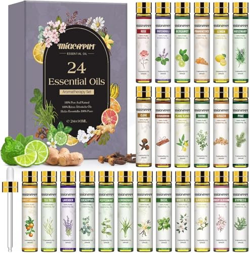 MIGCAPUT Kit Huiles Essentielles 24 X 10ML, Huiles Essentielles 100% Naturel pour Diffuseur, Huiles Essentielles Aromathérapie pour SPA, Massage, Bain - Rose, Fleur de Cerisier, Thé Blanc, Gardénia