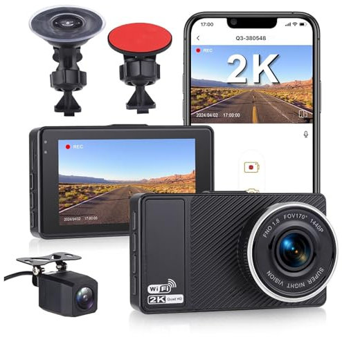 Dashcam Vorne und Hinten, 2K 1080P Dual-Dash-Kamera für Autos, WiFi-Dashcam mit App, 3-Zoll-Bildschirm-Fahrrekorder-Dashcam mit Nachtsicht, G-Sensor, Loop