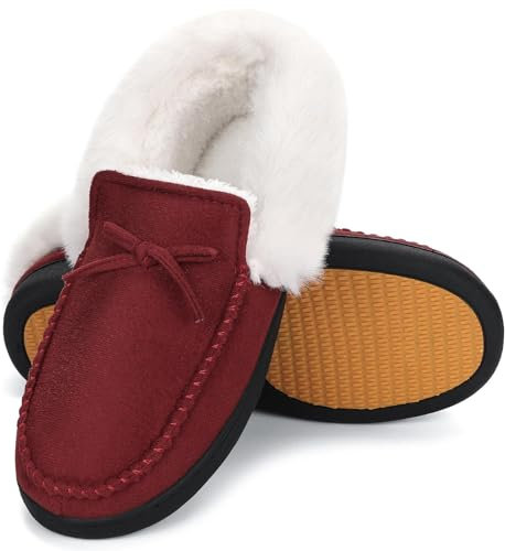 Mishansha Hausschuhe Damen Winter Pantoffeln Damen Warm Gefütterte Hüttenschuhe Damen Geschlossen Fell Slippers Women Starkes Rot,Gr.42 EU