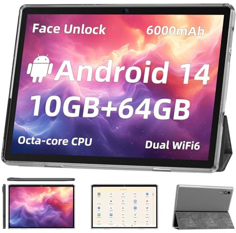 Android 14 Tablet,10 inch Tablets, Octa Core CPU, 10GB+64GB+512GB Expansion, 1280x800 HD IPS Touchcreen Display , Wi-Fi6, Dual Camera, 6000mAh Battery, Bluetooth5, 2 in 1 Tablet PC,Widevine L1 (Black)