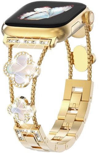 CHANCHY 46mm 45mm 44mm 42mm(series 3 2 1) für Apple Watch Armband, Damen Glücks Vierblatt Diamant Edelstahl Armband Ersatzarmbänder für iWatch Series 10/9/8/7/6/5/4/3/2/1/SE, Gold/Irisierend