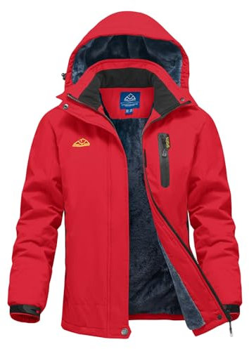 donhobo Damen Skijacke Winter Fleecejacke Wasserdichte Winddichte Warme Fleece Gefütterte Funktions Outdoor Wanderjacke Softshell Jacke mit Abnehmbarer Kapuze, Rot, M