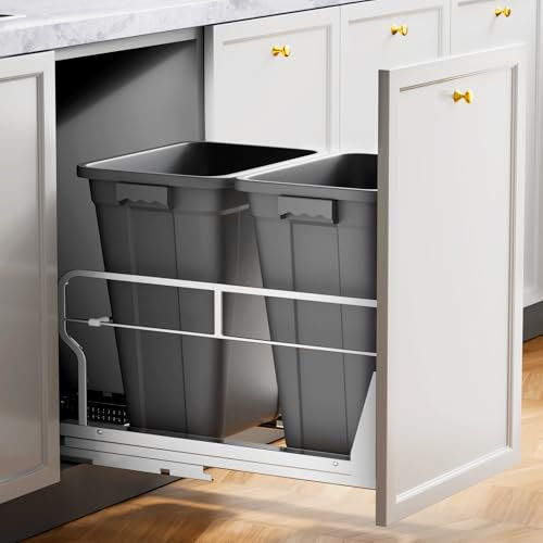 Insputer Double 40QT Pull Out Trash Can Under Cabinet, Heavy Duty Under Sink Garbage Bin Kit with Soft-Close Slides for Kitchen, Laundry, Requires Minimum Cabinets Opening 18 W X 24 D