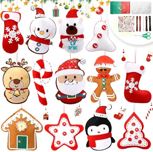 Fiada 13 Pcs Felt Ornaments Sewing DIY Craft Kit Stocking Gingerbread Christmas Tree Hanging Ornaments for DIY Christmas Party Favors Xmas Decorations Cute Felt Gifts