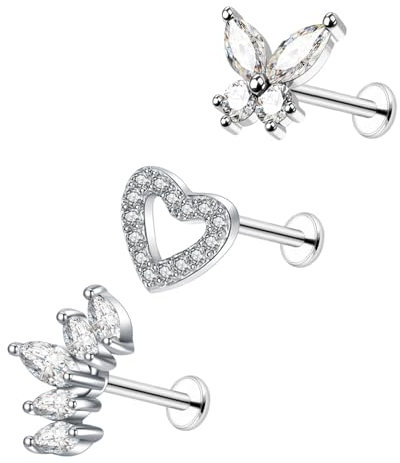 Besyvvin 3er Helix Lippenpiercing Stecker 6mm Chirurgenstahl Silber Piercing Tragus Cartilage Knorpel Stecker Schmetterling Blume