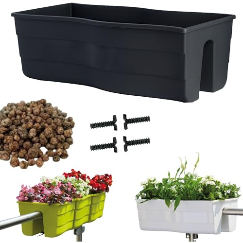 DIKEL Geländerkasten 58x29x20 cm | Balkonkasten für Balkongeländer mit Blähton für Drainage und Luftzirkulation | Pflanzkasten fördert gesundes Pflanzenwachstum und verhindert Wurzelfäule | Anthrazit