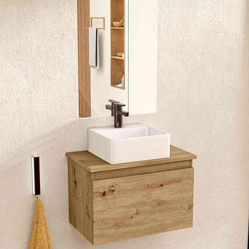 BELLOBATH - Mueble Baño Suspendido con Lavabo de Cerámica Cuadrado y Espejo, Mueble Baño con Lavabo Montado con 1 Cajón, 49,5 x 32 x 30 cm, Mueble Roble