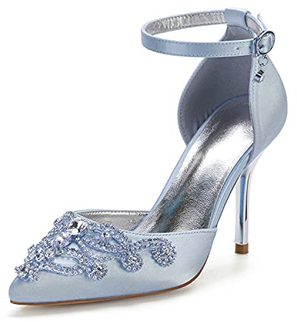 Kristall Pumps Spitzen Zehen High Heels Stiletto mit Knöchelriemen Satin Brautschuhe Brautjungfer Schuhe,Sky Blue,39 EU