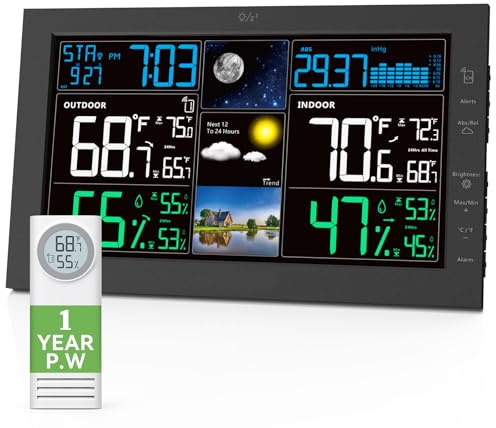Viveneat Wetterstationen Kabellos Innen Außen, Innen Außen Thermometer Kabellos mit Digitaler Atomuhr, Großes Display, Luftdruck, Vorhersage, Einstellbare Hintergrundbeleuchtung, Zeitgenössisch