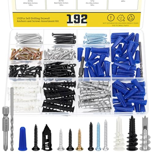 Mardatt 192PCS Self-Drilling Drywall Anchors Kit, Including Sheetrock Anchors, Expansion Screws, Wood Screws, Blue Conical Anchor, Drill Bit and Cross Bit for Concrete, Drywall