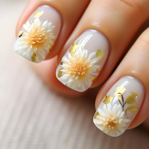 Glacier Lotus Floral French Press On Nails – Short Square Fake Nails with Cute Flower Design, Full Cover Glossy Acrylic Nails, Natural Fit, 24Pcs Set with Jelly Stickers for Women’s Daily Wear