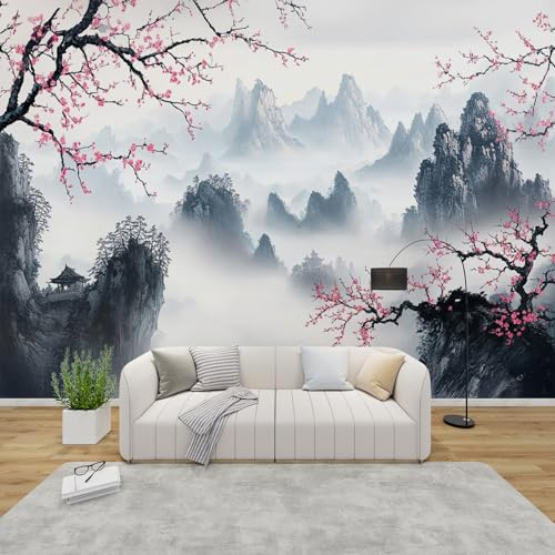 AevuCub Japanese Cherry Blossom Mural Wallpaper for Living Room Bedroom Decor - Asian Style Wall Mural, Oriental Ink Painting Wall Art, Non-Woven Photo Wallpaper 3D Effect, 400x280 cm