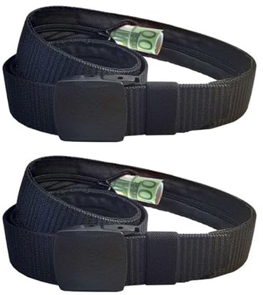 2 Stück Geldgürtel mit Geheimfach, Nylon Taillengürtel, Geldversteck, geeignet für Reise, Dienstreise, Joggen, Diebstahlschutz, für Herren und Frauen (Schwarz)