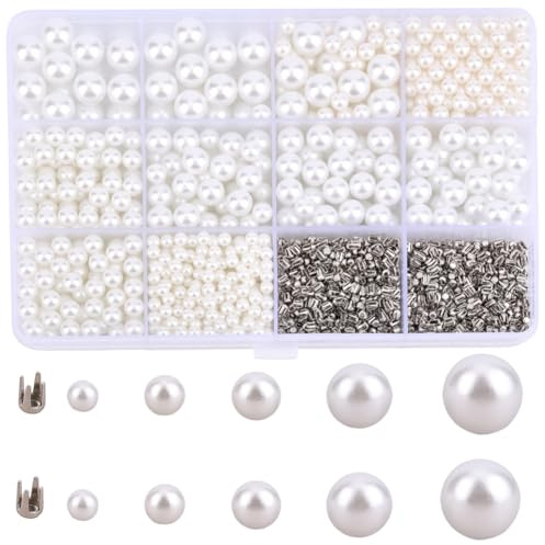 PONABEADIY 1 Caja de 2400 Perlas de Plástico Sin Agujero con Remaches Tachuelas Botones Y Clavos de Imitación de Perlas de Tamaños Mixtos. Kit de Cuentas Redondas para la Fabricación de Joyas Prend