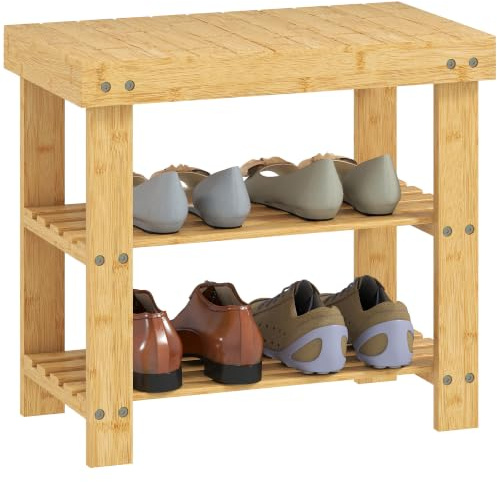 HOMCOM Schuhbank mit Sitzfläche Stauraum 2 Ablagen 70 x 28 x 45cm Naturholz | Schuhregal aus Bambus, Sitzbank, Flurbank, für Wohnzimmer, Flur