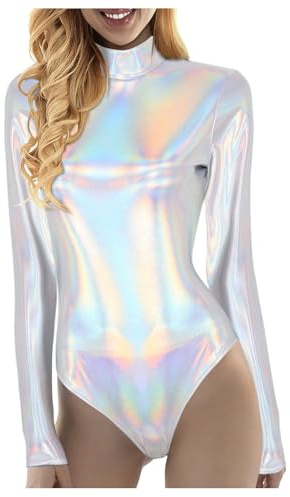 Metallic Body Damen Langarm Bodysuit Weltall Space Kostüm Glänzend Tanz Leotard Ballett Trikot Jumpsuit Ballettbody Tanzbody Karneval Alien Kostüm Party Faschingskostüm S-XXL