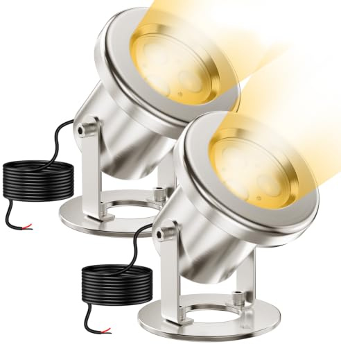 OSREE 6W Teichbeleuchtung 2700K, Edelstahl SS316 Unterwasser Teichbeleuchtung mit 4,5M Kabel, IP68 Wasserdicht Teichlampen für Gartenteich Wasserfall Brunnen Wasserspiel Warmweiß 2er-Pack