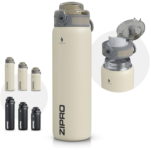 ZIPRO Edelstahl Thermobecher 1000 ml vakuumisoliert 12h warm auslaufsicher | Temperaturleistung 24h kalt, dichter Verschluss, für Sport Büro Reisen und Outdoor, für Erwachsene, beige Ausführung