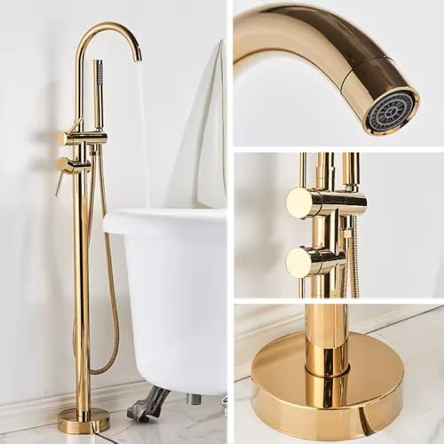 Grifo de bañera con forma redondeada, de pie, juego de ducha montado en el suelo, con ducha de mano, color dorado