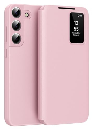 Techsuit für Samsung Galaxy S22 5G Flip Folio Hülle mit Smart View Fenster, Anti Fingerabdruck, 360 Grad Schutz, Magnetverschluss, SmartView Series, PU Leder, Rosa