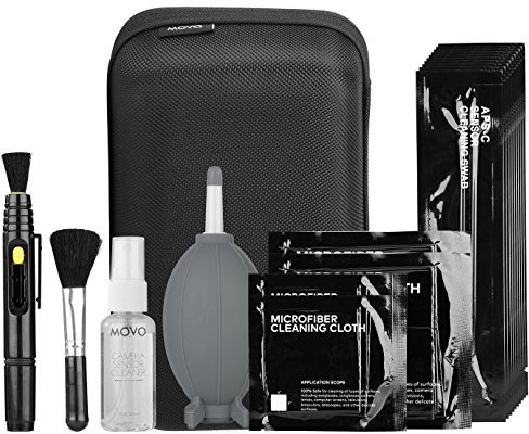 Movo Deluxe Essentials kit di pulizia fotocamere DSLR, con 10 tamponi per sensore APS-C, liquido di pulizia sensore, soffiatore a forma di razzo, penna di pulizia obiettivo, pennello morbido