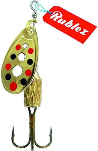 Rublex - Pack de 5 Cucharillas de Pesca C-Turbo-2 OPRN | Cebo Artificial de Pesca con Sistema de Clip y Acción de Giro Mejorado, Oro Puntos Rojos Negros, 3'5gr