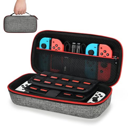 Tasche für NS Switch - Younik Verbesserte Version Harte Reise Hülle Case mit größerem Speicherplatz für 19 Spiele, offizieller Wechselstromadapter und anderes NS Switch Zubehör(Grau)