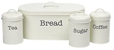 EHC 4 Piece Kitchen Storage Tight Fitting Lids - Countertop Space-Saving, Includes Bread Bin, Tea, Coffee & Sugar Caddy Tins Containers Canister Storage Jars Pots Set, Cream