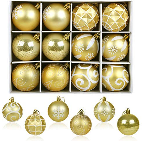 LIHAO 12PCS Bolas de Navidad Adornos Decoracion Árbol de Navidad Bolas Plásticas Navidad Dorado Adornos Colgantes Decorativos para Árbol de Navidad