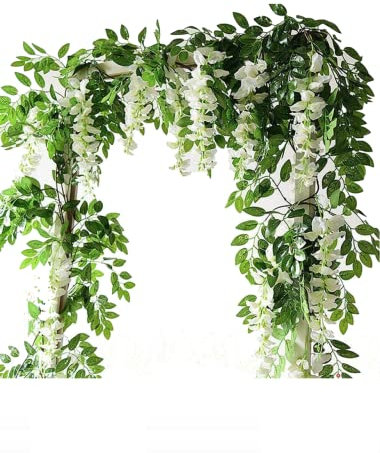 UNIQU 4 x 7FT Artificial Wisteria Vine Garland Plants Fake Flowers Hanging Garland Silk Flower for Wedding Decorations Home Garden Party Decor Simulation Flower (White)