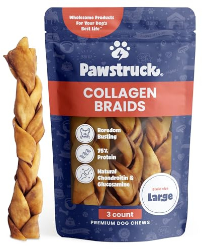 Pawstruck Natural Large 10-13” Beef Collagen Braids for Dogs – Long-Lasting Rawhide & Bully Stick Alternative, with Chondroitin & Glucosamine – 3 Pack