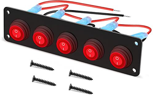 RUNCCI-YUN 12V/24V pannello interruttore,Pulsante Interruttore Rotondo,Impermeabile 5 Gang Pannello interruttori a levetta LED,Pannello Interruttori a Bilanciere per Auto, Barca, Camion (Rosso)