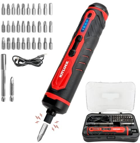 KITLUCK - Electric Screwdriver, 4V Power, Rechargeable Set with Li-ion Battery, 31 Bit and Extension Rod, 3 LED, 3 Pairs Adjustable, Magnetic Hex Mandrel, Mini