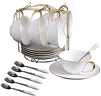 Set di tazzine da tè Set di tazzine da tè con piattino e cucchiaino Tazza da caffè Artigianale con Supporto in Metallo (6 Pezzi)