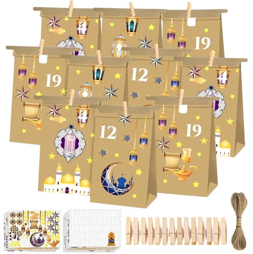 Ramadan Tüten, Eid Mubarak Geschenktüten, Ramadan Kalender Tüten, Ramadan Tüten zum Befüllen, Eid Mubarak Tüten, Ramadan Süßigkeiten Tüten mit Aufkleber, Kraftpapiertüten für Geschenke Verpackung