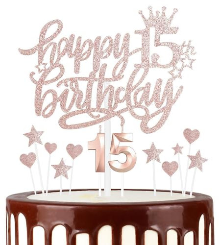mciskin Girls 15th Happy Birthday Candles Cake Toppers, Number 15 Candle for Cake, Rose Gold Candles for Women Birthday Decorations, Heart Star Cake Toppers for 15th Birthday Party Wedding Anniversary