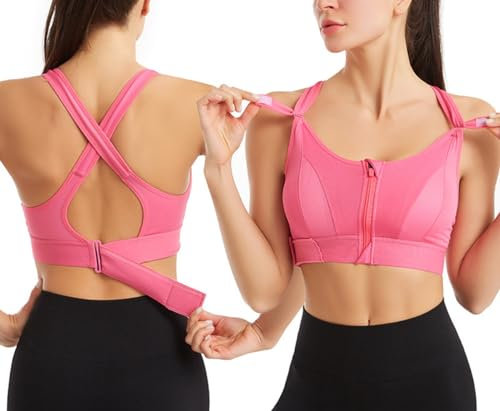 Women's Wireless Supportive Sports Bra, Zipper in Front Yoga Bra, Full Coverage High Impact Wirefree Cross Back Bra for Women (DE/NL/SE/PL, Alphanumerisch, L, Regular, Regular, Red)