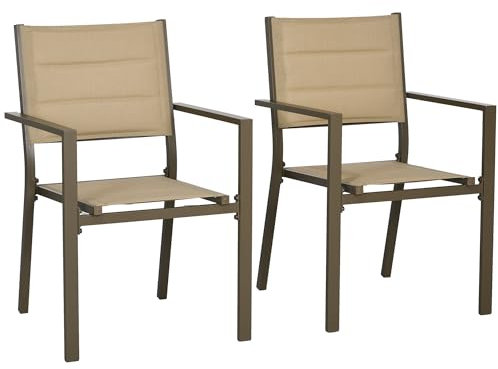 Outsunny 2 Pieces Garden Dining Chairs, Aluminium Outdoor Armchair for 2 with Breathable Mesh Fabric, Stackable Design, Khaki